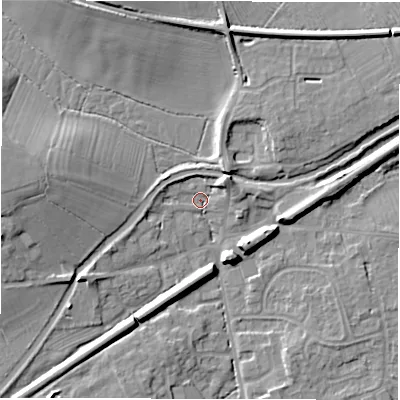 Shaded relief map of the ground around DE656BQ, computed from Environment Agency LiDAR. The ground here sits at about 44 m above sea level and falls 12 m across the surrounding 800 m. Surface water reaching this point runs off ground lying to the north-east, 5.4 m higher.