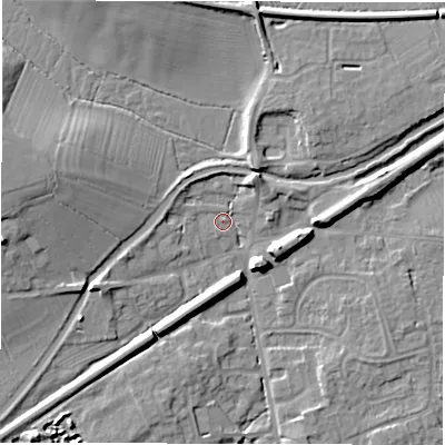 Shaded relief map of the ground around DE656BR, computed from Environment Agency LiDAR. The ground here sits at about 44 m above sea level and falls 12 m across the surrounding 800 m. Surface water reaching this point runs off ground lying to the north-east, 6.0 m higher.