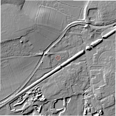 Shaded relief map of the ground around DE656BS, computed from Environment Agency LiDAR. The ground here sits at about 45 m above sea level and falls 15 m across the surrounding 800 m. Surface water reaching this point runs off ground lying to the west-north-west, 2.3 m higher.