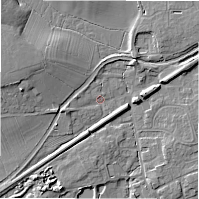 Shaded relief map of the ground around DE656BT, computed from Environment Agency LiDAR. The ground here sits at about 44 m above sea level and falls 14 m across the surrounding 800 m. Surface water reaching this point runs off ground lying to the south-south-west, 7.3 m higher.