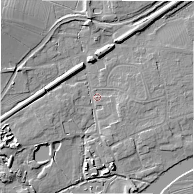 Shaded relief map of the ground around DE656BX, computed from Environment Agency LiDAR. The ground here sits at about 43 m above sea level and falls 12 m across the surrounding 800 m. Surface water reaching this point runs off ground lying to the west-south-west, 8.5 m higher.