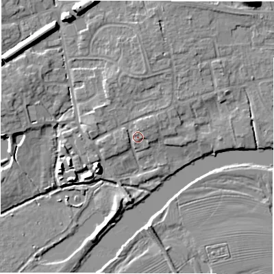 Shaded relief map of the ground around DE656BY, computed from Environment Agency LiDAR. The ground here sits at about 44 m above sea level and falls 9 m across the surrounding 800 m. Surface water reaching this point runs off ground lying to the north-west, 2.3 m higher.
