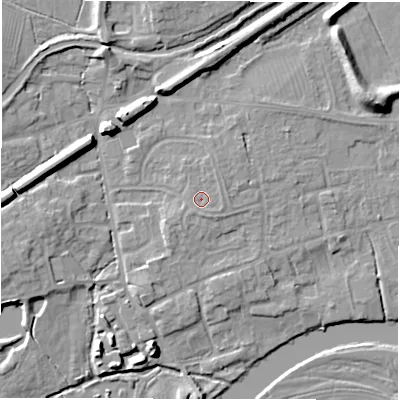Shaded relief map of the ground around DE656DB, computed from Environment Agency LiDAR. The ground here sits at about 45 m above sea level and falls 11 m across the surrounding 800 m. Surface water reaching this point runs off ground lying to the south-east, 0.8 m higher.