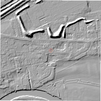 Shaded relief map of the ground around DE656DN, computed from Environment Agency LiDAR. The ground here sits at about 43 m above sea level and falls 11 m across the surrounding 800 m. Surface water reaching this point runs off ground lying to the north-west, 2.0 m higher.