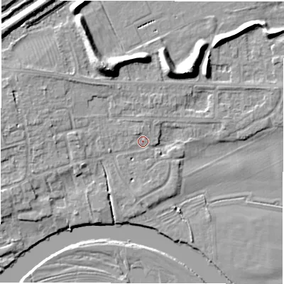 Shaded relief map of the ground around DE656DQ, computed from Environment Agency LiDAR. The ground here sits at about 43 m above sea level and falls 11 m across the surrounding 800 m. Surface water reaching this point runs off ground lying to the north-west, 1.0 m higher.