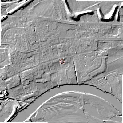 Shaded relief map of the ground around DE656DR, computed from Environment Agency LiDAR. The ground here sits at about 44 m above sea level and falls 11 m across the surrounding 800 m. Surface water reaching this point runs off ground lying to the west, 2.6 m higher.