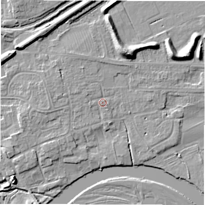 Shaded relief map of the ground around DE656DT, computed from Environment Agency LiDAR. The ground here sits at about 44 m above sea level and falls 11 m across the surrounding 800 m. Surface water reaching this point runs off ground lying to the west, 2.6 m higher.