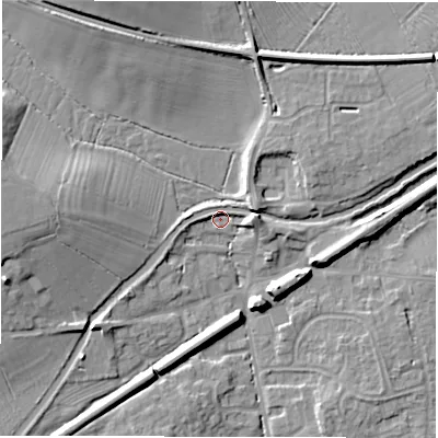 Shaded relief map of the ground around DE656EL, computed from Environment Agency LiDAR. The ground here sits at about 44 m above sea level and falls 13 m across the surrounding 800 m. Surface water reaching this point runs off ground lying to the west, 10.0 m higher.