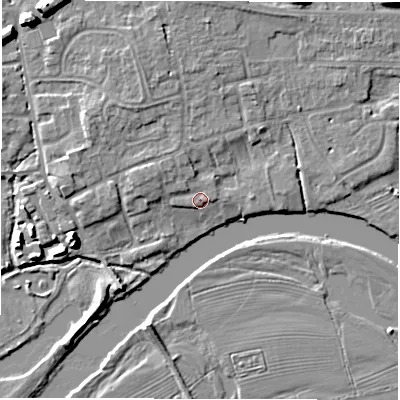 Shaded relief map of the ground around DE656EQ, computed from Environment Agency LiDAR. The ground here sits at about 43 m above sea level and falls 9 m across the surrounding 800 m. Surface water reaching this point runs off ground lying to the west-north-west, 2.0 m higher.