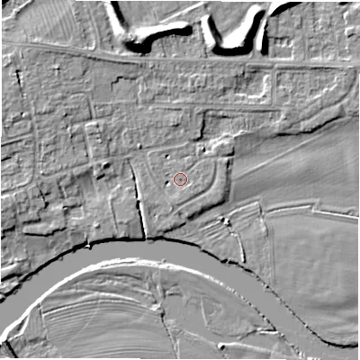 Shaded relief map of the ground around DE656ES, computed from Environment Agency LiDAR. The ground here sits at about 43 m above sea level and falls 11 m across the surrounding 800 m. Surface water reaching this point runs off ground lying to the south-south-west, 1.4 m higher.