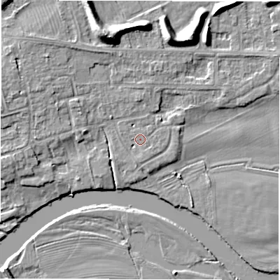 Shaded relief map of the ground around DE656EU, computed from Environment Agency LiDAR. The ground here sits at about 43 m above sea level and falls 11 m across the surrounding 800 m. Surface water reaching this point runs off ground lying to the south-south-west, 1.4 m higher.