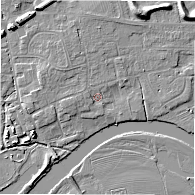 Shaded relief map of the ground around DE656EW, computed from Environment Agency LiDAR. The ground here sits at about 43 m above sea level and falls 11 m across the surrounding 800 m. Surface water reaching this point runs off ground lying to the west, 1.9 m higher.