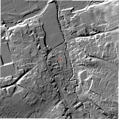Shaded relief map of the ground around DE656FG, computed from Environment Agency LiDAR. The ground here sits at about 44 m above sea level and falls 24 m across the surrounding 800 m. Surface water reaching this point runs off ground lying to the west-south-west, 8.4 m higher.