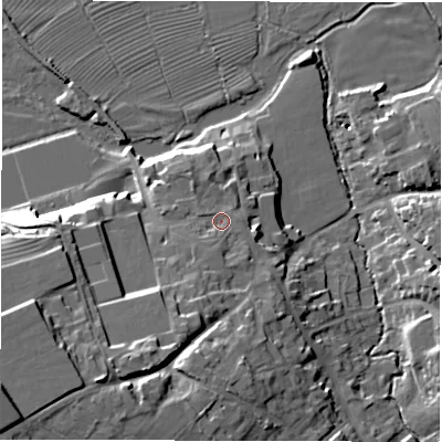 Shaded relief map of the ground around DE656FH, computed from Environment Agency LiDAR. The ground here sits at about 49 m above sea level and falls 29 m across the surrounding 800 m. Surface water reaching this point runs off ground lying to the south-south-west, 2.8 m higher.