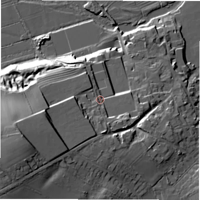 Shaded relief map of the ground around DE656FP, computed from Environment Agency LiDAR. The ground here sits at about 57 m above sea level and falls 34 m across the surrounding 800 m. Surface water reaching this point runs off ground lying to the south-west, 12.0 m higher.