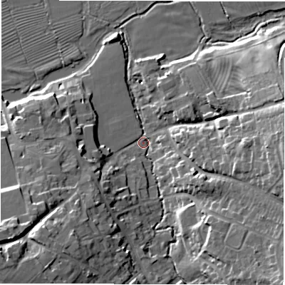 Shaded relief map of the ground around DE656FW, computed from Environment Agency LiDAR. The ground here sits at about 42 m above sea level and falls 23 m across the surrounding 800 m. Surface water reaching this point runs off ground lying to the south-west, 20.5 m higher.