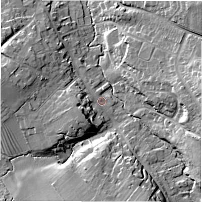 Shaded relief map of the ground around DE656GF, computed from Environment Agency LiDAR. The ground here sits at about 47 m above sea level and falls 21 m across the surrounding 800 m. Surface water reaching this point runs off ground lying to the west-south-west, 10.7 m higher.