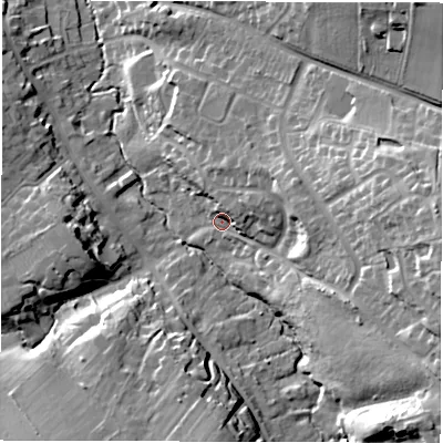 Shaded relief map of the ground around DE656GH, computed from Environment Agency LiDAR. The ground here sits at about 49 m above sea level and falls 31 m across the surrounding 800 m. Surface water reaching this point runs off ground lying to the east-north-east, 8.3 m higher.