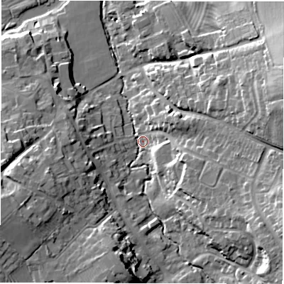 Shaded relief map of the ground around DE656GR, computed from Environment Agency LiDAR. The ground here sits at about 44 m above sea level and falls 25 m across the surrounding 800 m. Surface water reaching this point runs off ground lying to the west-south-west, 18.1 m higher.