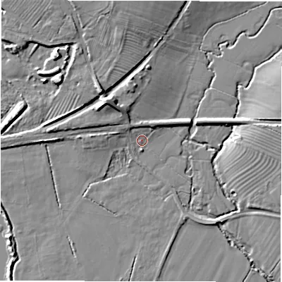 Shaded relief map of the ground around DE656GU, computed from Environment Agency LiDAR. The ground here sits at about 49 m above sea level and falls 10 m across the surrounding 800 m. Surface water reaching this point runs off ground lying to the north-west, 2.8 m higher.