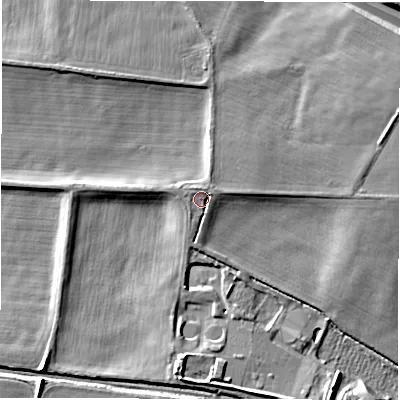 Shaded relief map of the ground around DE656GX, computed from Environment Agency LiDAR. The ground here sits at about 57 m above sea level and falls 12 m across the surrounding 800 m. Surface water reaching this point runs off ground lying to the north-east, 1.8 m higher.
