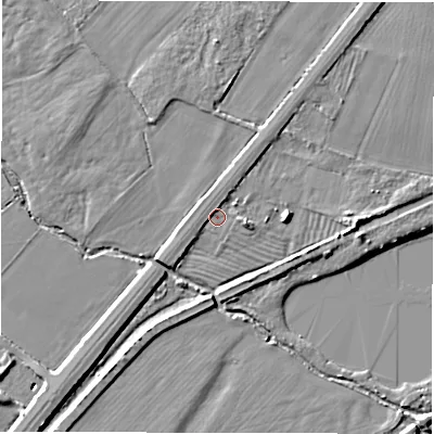 Shaded relief map of the ground around DE656GZ, computed from Environment Agency LiDAR. The ground here sits at about 45 m above sea level and falls 7 m across the surrounding 800 m. Surface water reaching this point runs off ground lying to the east, 2.2 m higher.