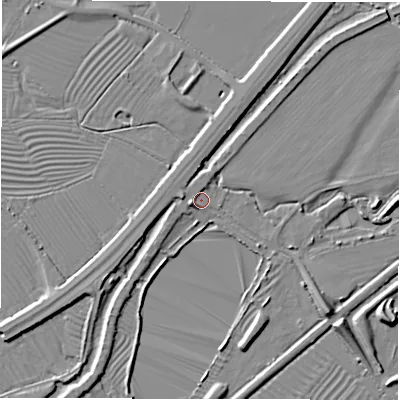 Shaded relief map of the ground around DE656HA, computed from Environment Agency LiDAR. The ground here sits at about 45 m above sea level and falls 8 m across the surrounding 800 m. Surface water reaching this point runs off ground lying to the west-south-west, 3.5 m higher.