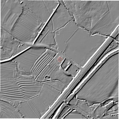 Shaded relief map of the ground around DE656HB, computed from Environment Agency LiDAR. The ground here sits at about 46 m above sea level and falls 6 m across the surrounding 800 m. Surface water reaching this point runs off ground lying to the south-east, 0.9 m higher.