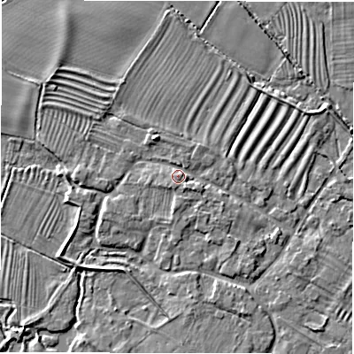 Shaded relief map of the ground around DE656HG, computed from Environment Agency LiDAR. The ground here sits at about 48 m above sea level and falls 4 m across the surrounding 800 m. Surface water reaching this point runs off ground lying to the north-north-west, 2.7 m higher.
