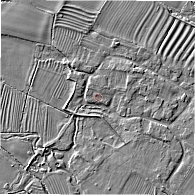 Shaded relief map of the ground around DE656HH, computed from Environment Agency LiDAR. The ground here sits at about 47 m above sea level and falls 4 m across the surrounding 800 m. Surface water reaching this point runs off ground lying to the north-west, 2.9 m higher.
