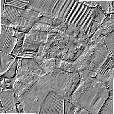 Shaded relief map of the ground around DE656HJ, computed from Environment Agency LiDAR. The ground here sits at about 47 m above sea level and falls 5 m across the surrounding 800 m. Surface water reaching this point runs off ground lying to the north-north-west, 3.1 m higher.