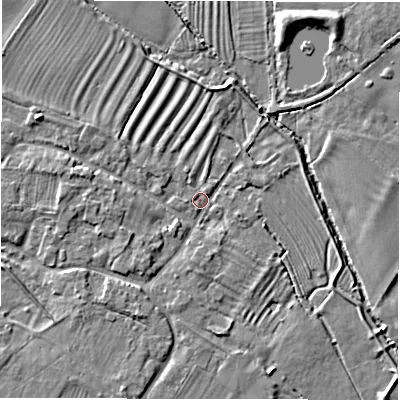 Shaded relief map of the ground around DE656HL, computed from Environment Agency LiDAR. The ground here sits at about 46 m above sea level and falls 5 m across the surrounding 800 m. Surface water reaching this point runs off ground lying to the west-north-west, 3.2 m higher.