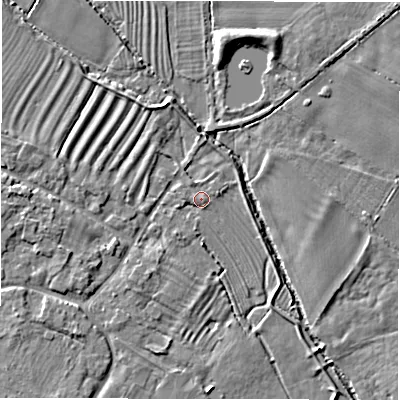 Shaded relief map of the ground around DE656HN, computed from Environment Agency LiDAR. The ground here sits at about 47 m above sea level and falls 6 m across the surrounding 800 m. Surface water reaching this point runs off ground lying to the west, 2.9 m higher.