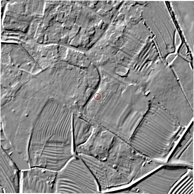 Shaded relief map of the ground around DE656HP, computed from Environment Agency LiDAR. The ground here sits at about 47 m above sea level and falls 4 m across the surrounding 800 m. Surface water reaching this point runs off ground lying to the north-north-west, 1.9 m higher.