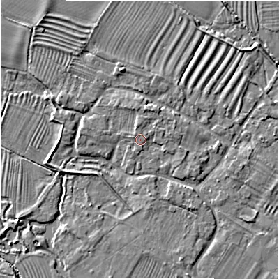 Shaded relief map of the ground around DE656HQ, computed from Environment Agency LiDAR. The ground here sits at about 47 m above sea level and falls 4 m across the surrounding 800 m. Surface water reaching this point runs off ground lying to the north-north-east, 1.3 m higher.