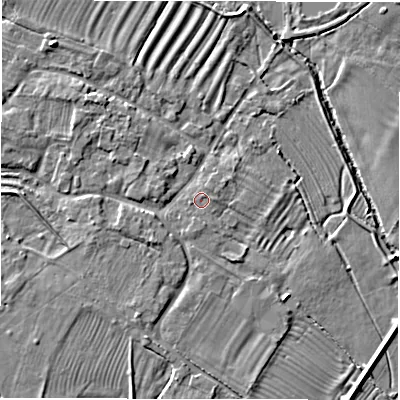 Shaded relief map of the ground around DE656HR, computed from Environment Agency LiDAR. The ground here sits at about 47 m above sea level and falls 4 m across the surrounding 800 m. Surface water reaching this point runs off ground lying to the north-east, 0.7 m higher.