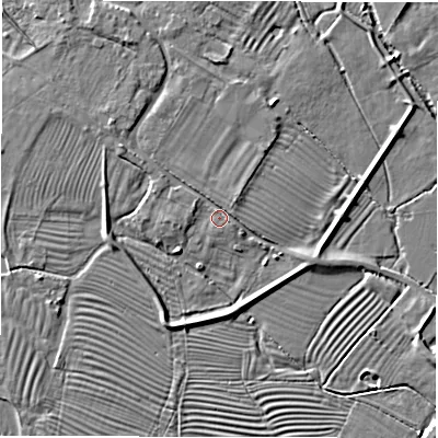 Shaded relief map of the ground around DE656HS, computed from Environment Agency LiDAR. The ground here sits at about 46 m above sea level and falls 4 m across the surrounding 800 m. Surface water reaching this point runs off ground lying to the north-north-west, 3.7 m higher.