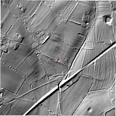 Shaded relief map of the ground around DE656LS, computed from Environment Agency LiDAR. The ground here sits at about 64 m above sea level and falls 14 m across the surrounding 800 m. Surface water reaching this point runs off ground lying to the north-north-east, 7.0 m higher.