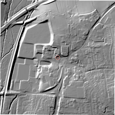Shaded relief map of the ground around DE656LU, computed from Environment Agency LiDAR. The ground here sits at about 67 m above sea level and falls 28 m across the surrounding 800 m. Surface water reaching this point runs off ground lying to the north-north-east, 7.2 m higher.