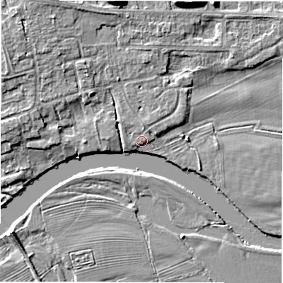 Shaded relief map of the ground around DE656PF, computed from Environment Agency LiDAR. The ground here sits at about 43 m above sea level and falls 8 m across the surrounding 800 m. Surface water reaching this point runs off ground lying to the north-north-east, 0.7 m higher.