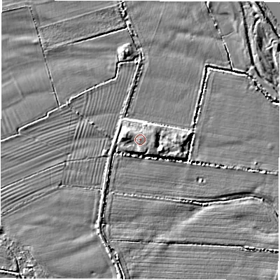 Shaded relief map of the ground around DE656PL, computed from Environment Agency LiDAR. The ground here sits at about 42 m above sea level and falls 4 m across the surrounding 800 m. Surface water reaching this point runs off ground lying to the east-south-east, 1.2 m higher.