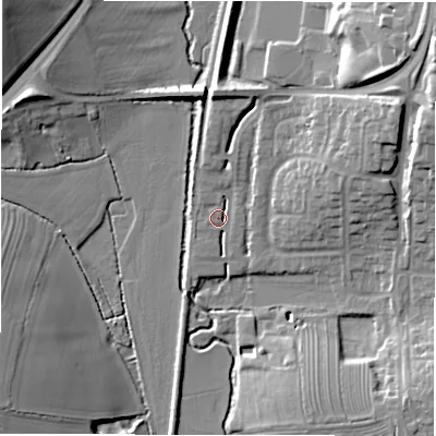 Shaded relief map of the ground around DE656PQ, computed from Environment Agency LiDAR. The ground here sits at about 56 m above sea level and falls 20 m across the surrounding 800 m. Surface water reaching this point runs off ground lying to the north, 2.7 m higher.