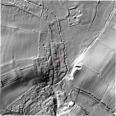 Shaded relief map of the ground around DE656QL, computed from Environment Agency LiDAR. The ground here sits at about 51 m above sea level and falls 26 m across the surrounding 800 m. Surface water reaching this point runs off ground lying to the west-south-west, 2.4 m higher.
