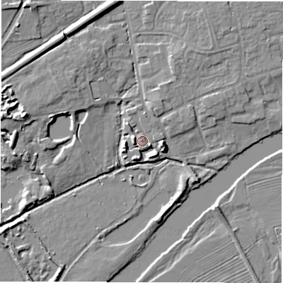 Shaded relief map of the ground around DE656RY, computed from Environment Agency LiDAR. The ground here sits at about 44 m above sea level and falls 10 m across the surrounding 800 m. Surface water reaching this point runs off ground lying to the east-south-east, 1.4 m higher.