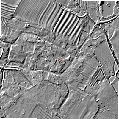 Shaded relief map of the ground around DE656SU, computed from Environment Agency LiDAR. The ground here sits at about 47 m above sea level and falls 5 m across the surrounding 800 m. Surface water reaching this point runs off ground lying to the west-north-west, 1.7 m higher.