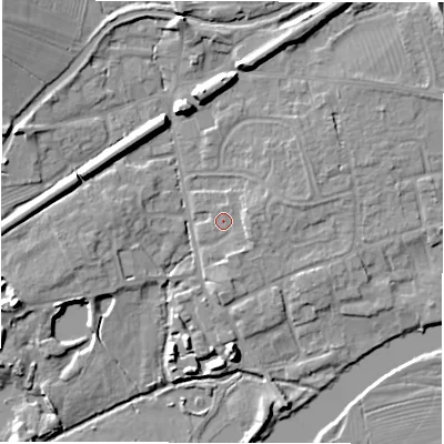 Shaded relief map of the ground around DE656TB, computed from Environment Agency LiDAR. The ground here sits at about 44 m above sea level and falls 11 m across the surrounding 800 m. Surface water reaching this point runs off ground lying to the east, 2.0 m higher.