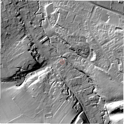 Shaded relief map of the ground around DE656WR, computed from Environment Agency LiDAR. The ground here sits at about 48 m above sea level and falls 28 m across the surrounding 800 m. Surface water reaching this point runs off ground lying to the south-east, 24.0 m higher.