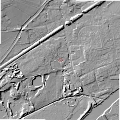 Shaded relief map of the ground around DE656YB, computed from Environment Agency LiDAR. The ground here sits at about 43 m above sea level and falls 14 m across the surrounding 800 m. Surface water reaching this point runs off ground lying to the north-west, 3.1 m higher.