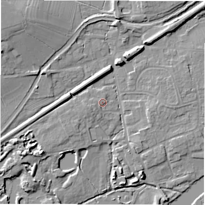 Shaded relief map of the ground around DE656YD, computed from Environment Agency LiDAR. The ground here sits at about 44 m above sea level and falls 14 m across the surrounding 800 m. Surface water reaching this point runs off ground lying to the west-south-west, 1.6 m higher.