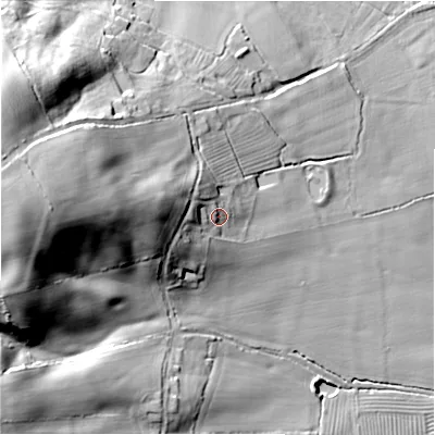 Shaded relief map of the ground around DE65AA, computed from Environment Agency LiDAR. The ground here sits at about 96 m above sea level and falls 50 m across the surrounding 800 m. Surface water reaching this point runs off ground lying to the west, 21.5 m higher.